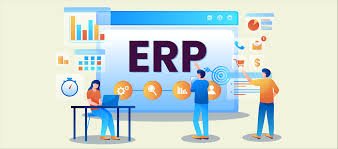 Enterprise Resource Planning (ERP) software dashboard illustration showing business process management and automation